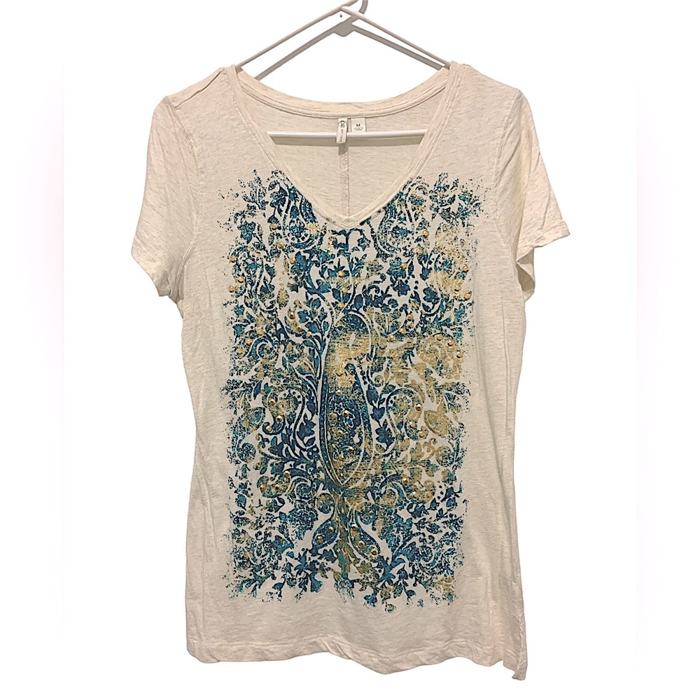 Cato Womens Medium Top Beige Floral Embroidered Blouse Short Sleeves V Neck
